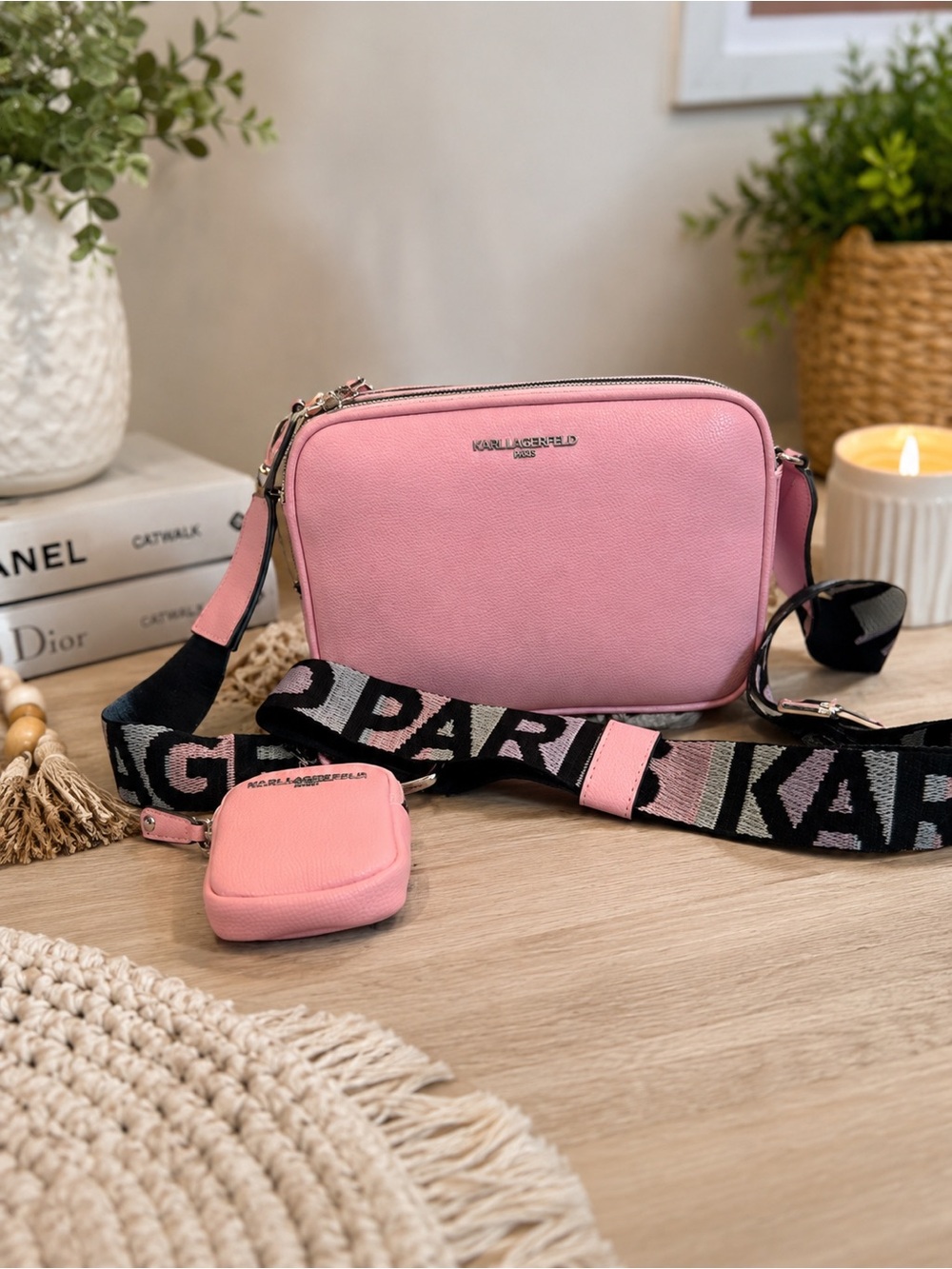 Karl Lagerfeld Pink Pebbled Camera Crossbody with Logo Web Strap NWT
